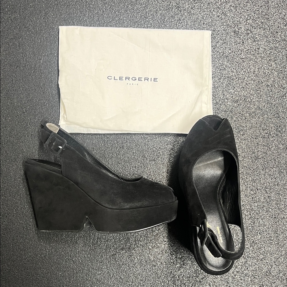Robert Clergerie Black Suede Platform Slingback Wedges